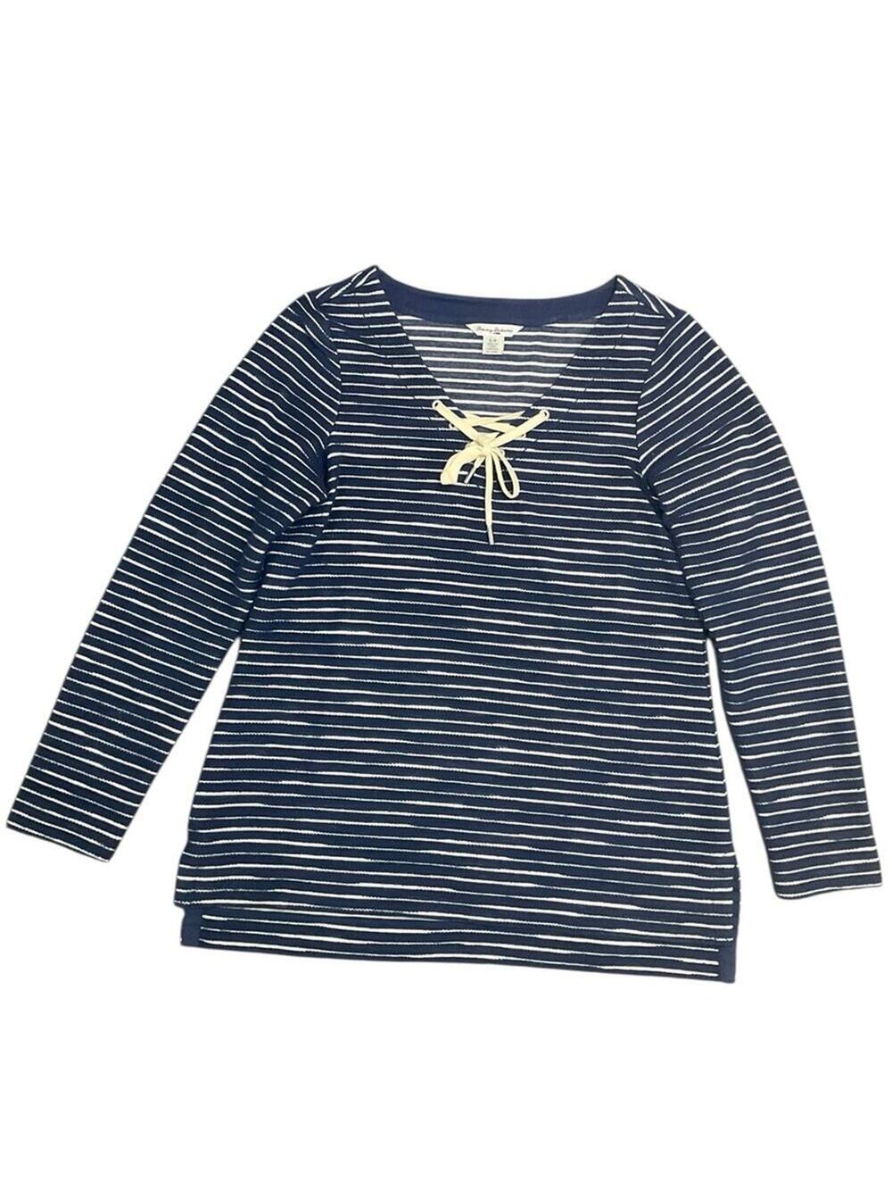 Tommy Bahama Women’s Tunic Sweater Lace up Navy Ivory Stripe Size Small EUC